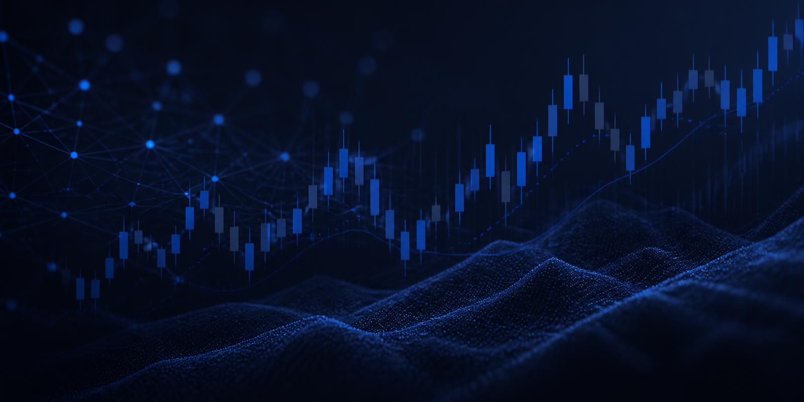 Abstract navy candlestick chart merging with a neural network